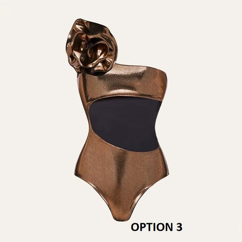 New Glossy One Shoulder 3D Flower Shiny One Piece Swimsuit and Skirt CODE: KAR3651