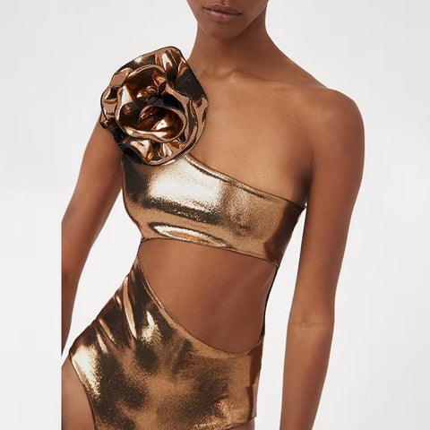 New Glossy One Shoulder 3D Flower Shiny One Piece Swimsuit and Skirt CODE: KAR3651