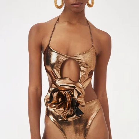 New Glossy One Shoulder 3D Flower Shiny One Piece Swimsuit and Skirt CODE: KAR3651