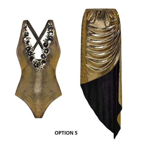 New Glossy One Shoulder 3D Flower Shiny One Piece Swimsuit and Skirt CODE: KAR3651