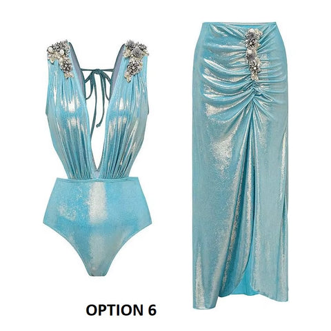 New Glossy One Shoulder 3D Flower Shiny One Piece Swimsuit and Skirt CODE: KAR3651