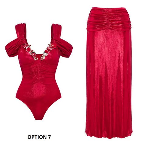 New Glossy One Shoulder 3D Flower Shiny One Piece Swimsuit and Skirt CODE: KAR3651