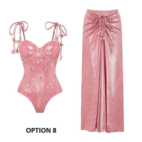 New Glossy One Shoulder 3D Flower Shiny One Piece Swimsuit and Skirt CODE: KAR3651