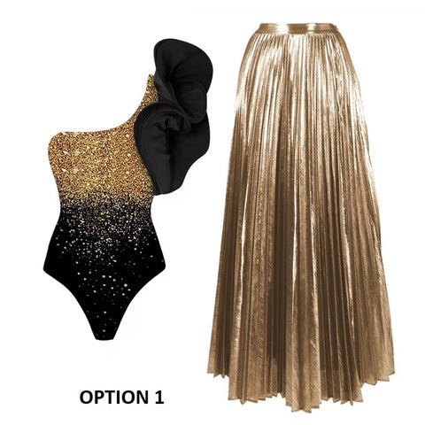 New Glossy One Shoulder 3D Flower Shiny One Piece Swimsuit and Skirt CODE: KAR3651