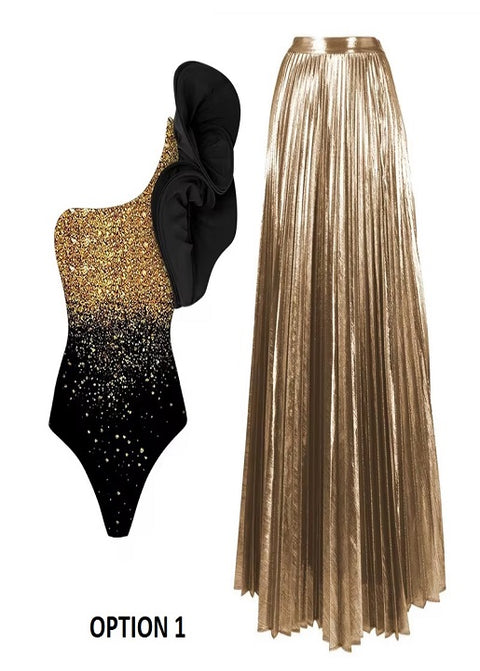 One Shoulder 3D Flower Shiny One Piece Swimsuit and Skirt CODE: READY1519