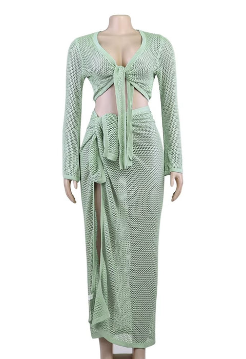 New Summer Elegant Hollow Out Top  Wrap Over Split Skirt2 Piece Set CODE: KAR3654