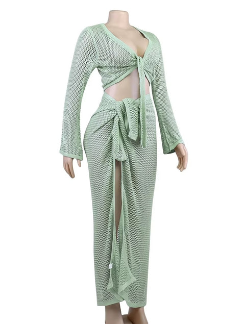New Summer Elegant Hollow Out Top  Wrap Over Split Skirt2 Piece Set CODE: KAR3654
