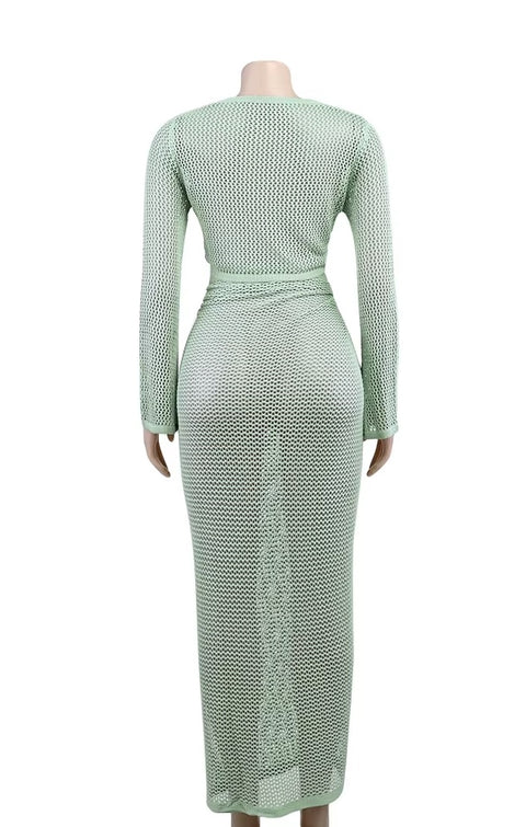 New Summer Elegant Hollow Out Top  Wrap Over Split Skirt2 Piece Set CODE: KAR3654