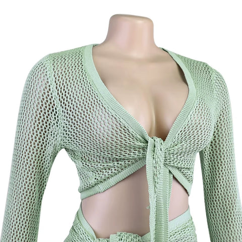 New Summer Elegant Hollow Out Top  Wrap Over Split Skirt2 Piece Set CODE: KAR3654