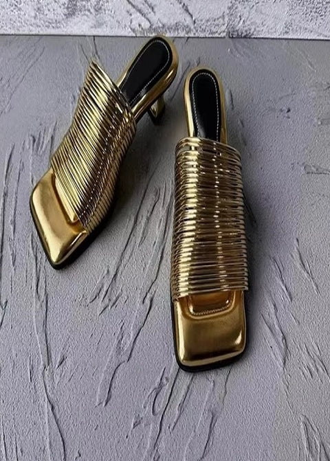 New Square Toe Stiletto Shiny Solid High Heels Casual Half Slippers Designer Sandals CODE: KAR3669