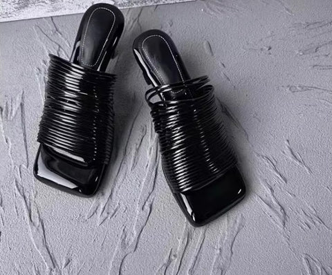 New Square Toe Stiletto Shiny Solid High Heels Casual Half Slippers Designer Sandals CODE: KAR3669