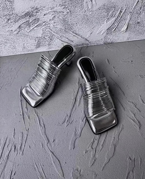 New Square Toe Stiletto Shiny Solid High Heels Casual Half Slippers Designer Sandals CODE: KAR3669