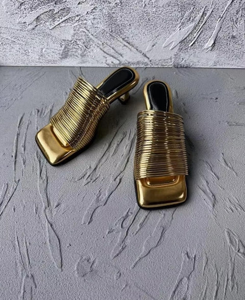 New Square Toe Stiletto Shiny Solid High Heels Casual Half Slippers Designer Sandals CODE: KAR3669