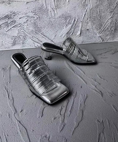 New Square Toe Stiletto Shiny Solid High Heels Casual Half Slippers Designer Sandals CODE: KAR3669