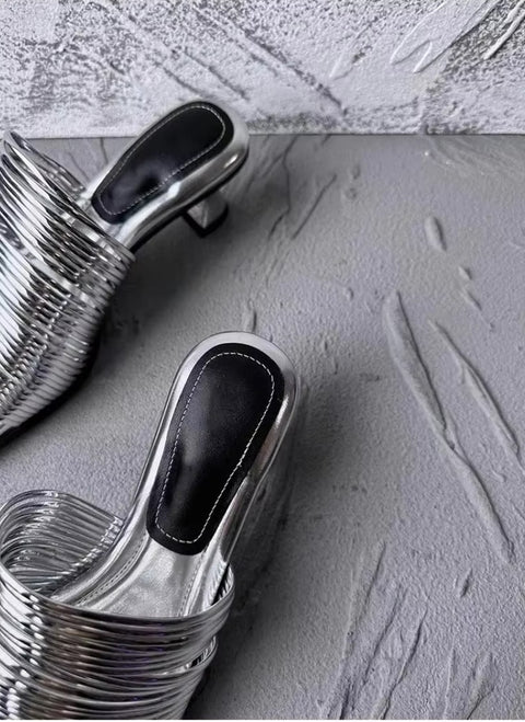 New Square Toe Stiletto Shiny Solid High Heels Casual Half Slippers Designer Sandals CODE: KAR3669