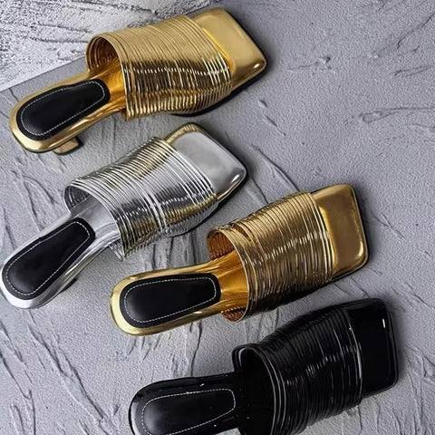 New Square Toe Stiletto Shiny Solid High Heels Casual Half Slippers Designer Sandals CODE: KAR3669