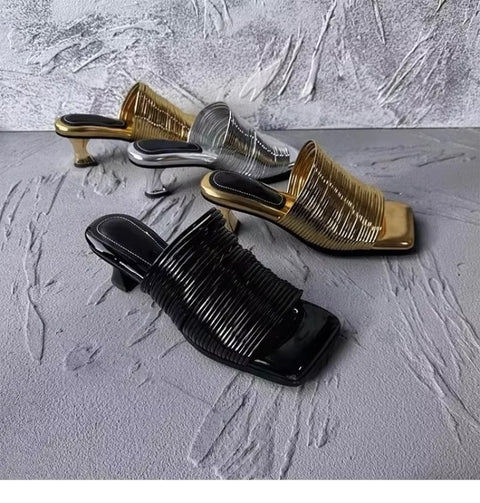 New Square Toe Stiletto Shiny Solid High Heels Casual Half Slippers Designer Sandals CODE: KAR3669