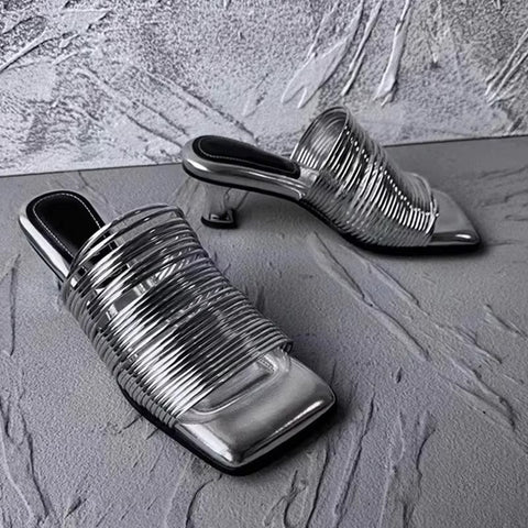 New Square Toe Stiletto Shiny Solid High Heels Casual Half Slippers Designer Sandals CODE: KAR3669