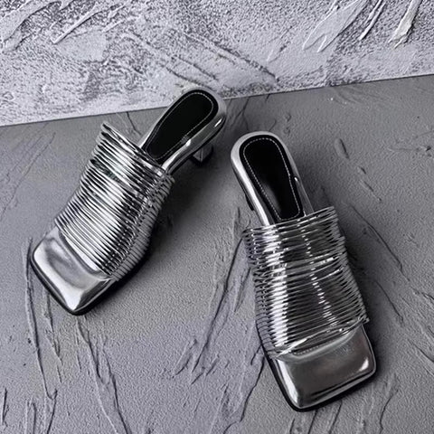 New Square Toe Stiletto Shiny Solid High Heels Casual Half Slippers Designer Sandals CODE: KAR3669
