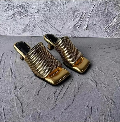 New Square Toe Stiletto Shiny Solid High Heels Casual Half Slippers Designer Sandals CODE: KAR3669