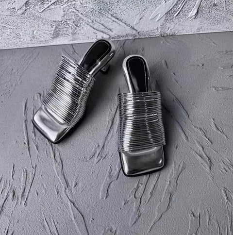 New Square Toe Stiletto Shiny Solid High Heels Casual Half Slippers Designer Sandals CODE: KAR3669