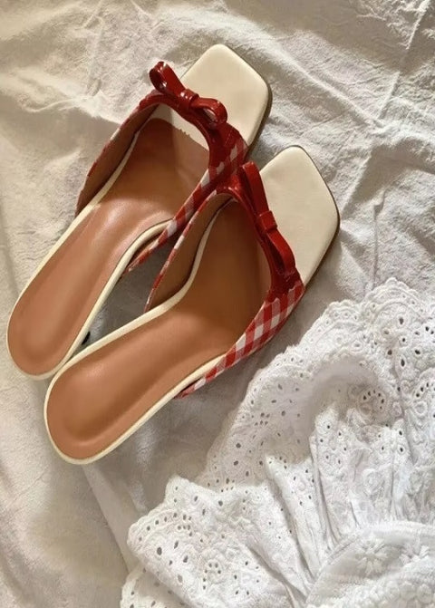 Retro Plaid Bow Kitten Heels Peep Toe Mixed Sweet and Cute Sandals CODE: KAR3671