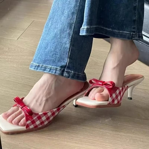 Retro Plaid Bow Kitten Heels Peep Toe Mixed Sweet and Cute Sandals CODE: KAR3671