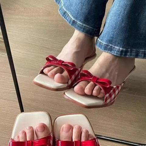 Retro Plaid Bow Kitten Heels Peep Toe Mixed Sweet and Cute Sandals CODE: KAR3671