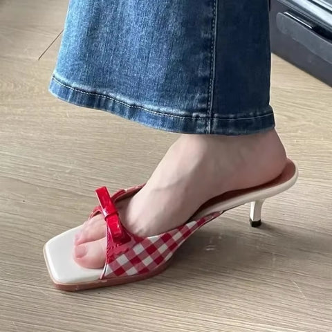 Retro Plaid Bow Kitten Heels Peep Toe Mixed Sweet and Cute Sandals CODE: KAR3671