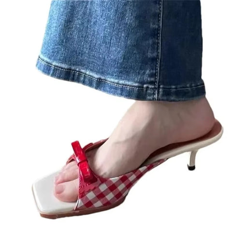 Retro Plaid Bow Kitten Heels Peep Toe Mixed Sweet and Cute Sandals CODE: KAR3671