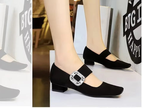 New Rhinestone Buckle Pumps Thick with Square Head Luxury Banquet Shoe Heel CODE: KAR3672