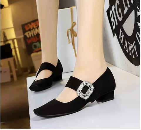 New Rhinestone Buckle Pumps Thick with Square Head Luxury Banquet Shoe Heel CODE: KAR3672