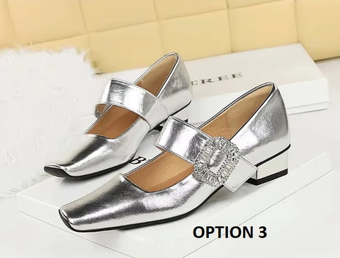 New Rhinestone Buckle Pumps Thick with Square Head Luxury Banquet Shoe Heel CODE: KAR3672