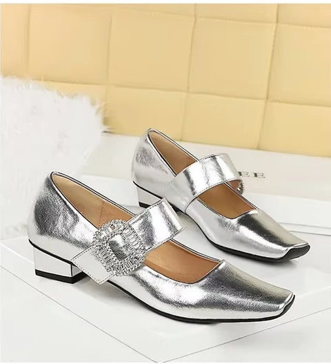 New Rhinestone Buckle Pumps Thick with Square Head Luxury Banquet Shoe Heel CODE: KAR3672
