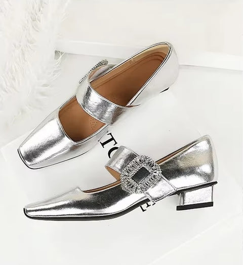 New Rhinestone Buckle Pumps Thick with Square Head Luxury Banquet Shoe Heel CODE: KAR3672