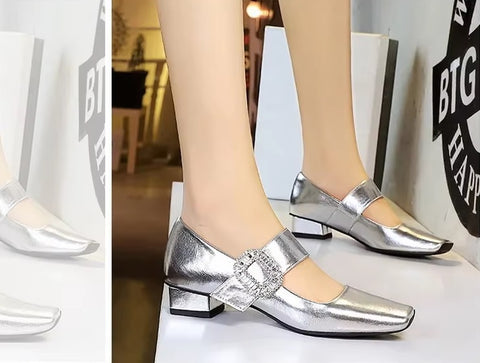 New Rhinestone Buckle Pumps Thick with Square Head Luxury Banquet Shoe Heel CODE: KAR3672