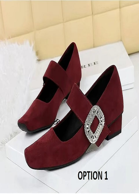 New Rhinestone Buckle Pumps Thick with Square Head Luxury Banquet Shoe Heel CODE: KAR3672