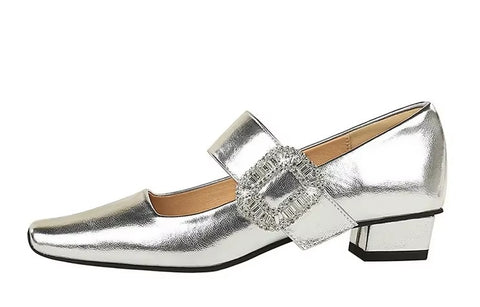 New Rhinestone Buckle Pumps Thick with Square Head Luxury Banquet Shoe Heel CODE: KAR3672