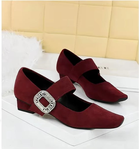 New Rhinestone Buckle Pumps Thick with Square Head Luxury Banquet Shoe Heel CODE: KAR3672