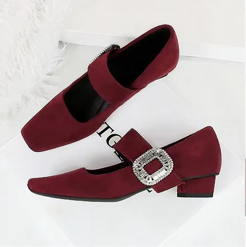 New Rhinestone Buckle Pumps Thick with Square Head Luxury Banquet Shoe Heel CODE: KAR3672