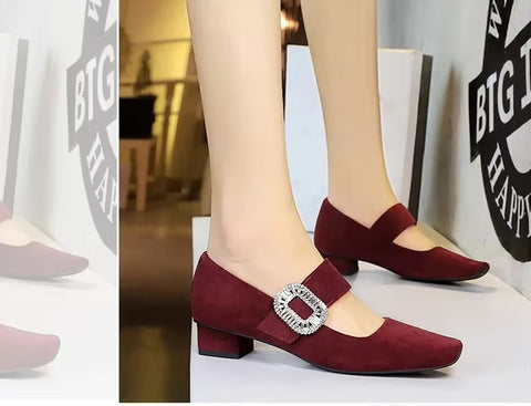 New Rhinestone Buckle Pumps Thick with Square Head Luxury Banquet Shoe Heel CODE: KAR3672