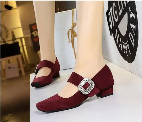 New Rhinestone Buckle Pumps Thick with Square Head Luxury Banquet Shoe Heel CODE: KAR3672