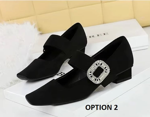New Rhinestone Buckle Pumps Thick with Square Head Luxury Banquet Shoe Heel CODE: KAR3672
