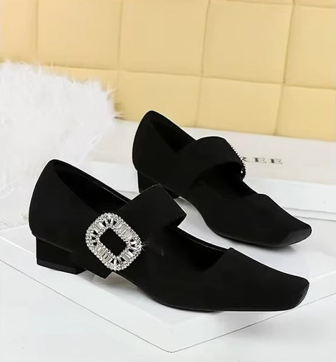 New Rhinestone Buckle Pumps Thick with Square Head Luxury Banquet Shoe Heel CODE: KAR3672