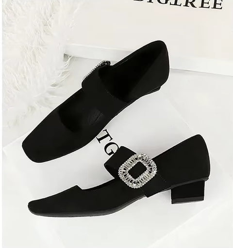 New Rhinestone Buckle Pumps Thick with Square Head Luxury Banquet Shoe Heel CODE: KAR3672