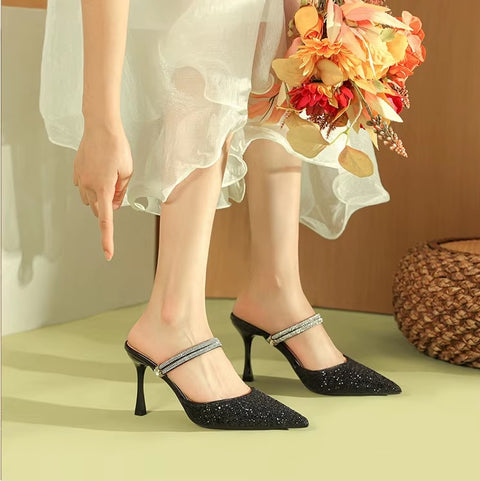 New Casual Pointed Toe Shallow Glitt Mules Shoe High Heel CODE: KAR3678