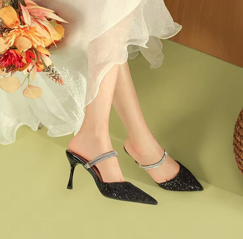 New Casual Pointed Toe Shallow Glitt Mules Shoe High Heel CODE: KAR3678