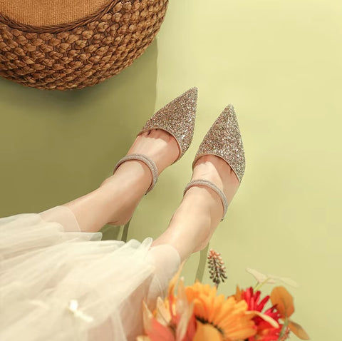 New Casual Pointed Toe Shallow Glitt Mules Shoe High Heel CODE: KAR3678