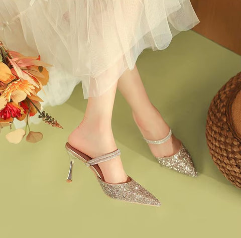 New Casual Pointed Toe Shallow Glitt Mules Shoe High Heel CODE: KAR3678