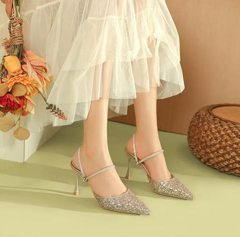 New Casual Pointed Toe Shallow Glitt Mules Shoe High Heel CODE: KAR3678